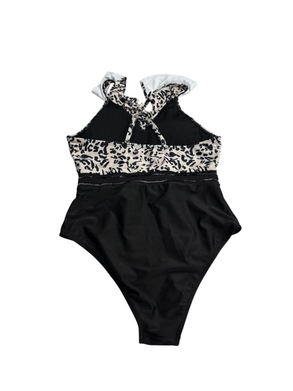 Leopard Print & Black Womens One-Piece Swimsuit XL Back Tie Halter Style - Picture 2 of 5
